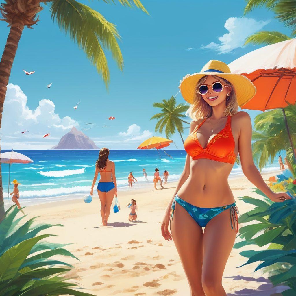 A bold illustration featuring anime-style characters in vibrant beachwear, playfully engaged in various beach activities such as volleyball and sunbathing. The setting is a lively beach with a bright blue sky, palm trees, and colorful beach umbrellas in the background. The characters exhibit exaggerated expressions of joy and allure, showcasing a blend of eroticism and fun. Incorporate hints of fantasy elements like playful sea creatures or stylized waves. super-realistic. vibrant colors. dynamic composition.