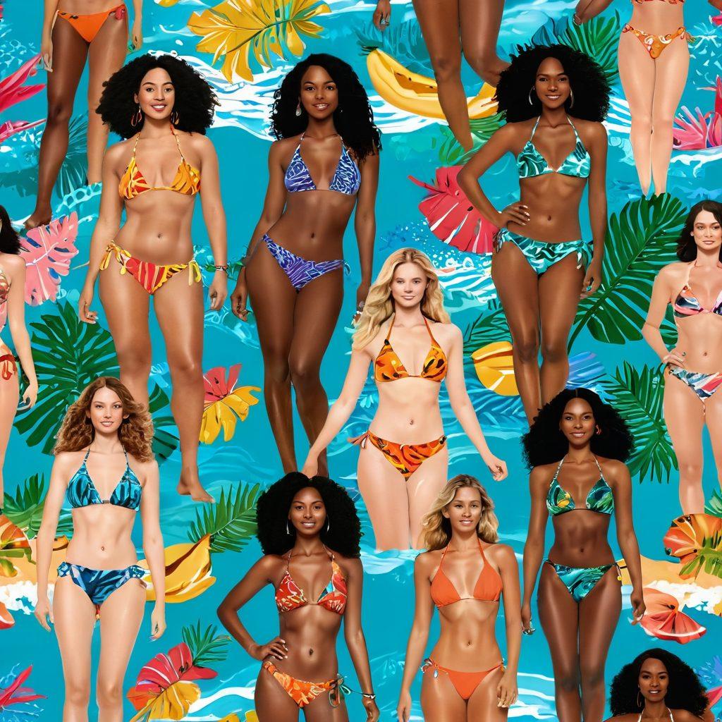 An imaginative collage illustrating the fusion of bikini fashion and sex positivity, featuring diverse models of various body types flaunting vibrant bikinis on an exotic beach. The background showcases playful waves and tropical elements, while subtle adult-themed motifs are artfully integrated into the scenery. This scene captures confidence, joy, and inclusivity in a sunny, celebratory atmosphere. vibrant colors. tropical vibe. super-realistic.